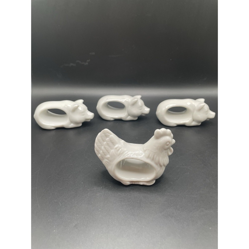 Vintage Farmhouse Rooster And Three Pigs Napkin Rings Made In Japan